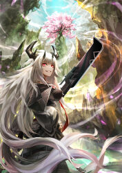 Rule 34 | 1girl, absurdres, arknights, breasts, cherry blossoms, cloud, floating hair, glaive (polearm), grin, hand on own hip, highres, holding, holding polearm, holding weapon, horns, id card, infection monitor (arknights), kuro dora, long hair, long sleeves, looking at viewer, looking back, matoimaru (arknights), mountain, multiple horns, outdoors, pointy breasts, pointy ears, polearm, pouch, red eyes, smile, solo, torii, very long hair, weapon, white hair
