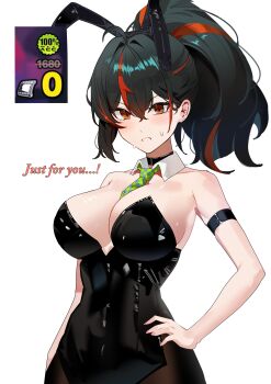 1girl absurdres alternate_costume animal_ear_hairband animal_ears arm_strap black_choker black_hair black_leotard black_pantyhose blush breasts checkered_necktie choker clenched_teeth detached_collar english_text fake_animal_ears hairband hand_on_own_hip highres large_breasts leotard looking_at_viewer maanu necktie pantyhose playboy_bunny ponytail rabbit_ear_hairband rabbit_ears red_eyes solo strapless strapless_leotard sweatdrop teeth zenless_zone_zero zhu_yuan