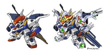 chibi clenched_hands dragon_fang ginsoukikou_ordian highres looking_ahead mashin_eiyuuden_wataru mecha multiple_views no_humans nue_(fk3203) ordian parody robot science_fiction style_parody super_robot v-fin white_background yellow_eyes