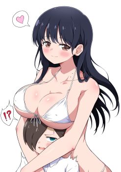 !? 1boy 1girl :d absurdres bare_arms bikini black_hair blue_eyes blush boku_no_kokoro_no_yabai_yatsu breast_rest breasts breasts_on_head brown_eyes brown_hair cleavage closed_mouth collarbone commentary covered_erect_nipples eggman_(ni_tamagoex) embarrassed front-tie_bikini_top front-tie_top hair_over_one_eye heart height_difference highres hug hug_from_behind ichikawa_kyoutarou large_breasts long_hair mole mole_on_neck open_mouth shirt simple_background smile spoken_heart spoken_interrobang swimsuit tall_female trembling underboob wavy_mouth white_background white_bikini white_shirt yamada_anna