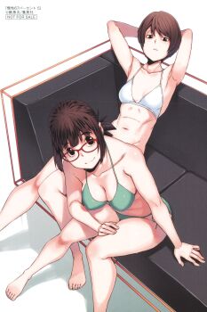 2girls absurdres dasei_67_percent highres kitahara_moe leaning_back leaning_forward looking_at_viewer multiple_girls shimimaru swimsuit yoshizawa_minami