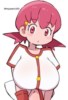1girl blush breasts hair_ornament hairclip huge_breasts looking_at_viewer low_twintails miyazero navel nintendo open_clothes open_mouth open_shirt pink_eyes pink_hair pokemon pokemon_gsc shirt short_hair short_sleeves standing twintails upper_body white_background white_shirt whitney_(pokemon) wristband