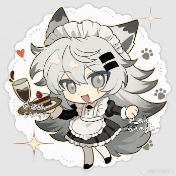 Rule 34 | 1girl, alternate costume, animal ears, apron, arknights, bisho imobing hito, black dress, cake, cake slice, chibi, chibi only, commentary request, dress, enmaided, food, full body, grey eyes, grey hair, hair between eyes, highres, holding, holding tray, juliet sleeves, lappland (arknights), long hair, long sleeves, maid, maid headdress, open mouth, pantyhose, puffy sleeves, solo, tray, white apron, white pantyhose