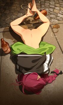 1girl absurdres alcohol ass beer bocchi_the_rock! bottomless butt_crack drunk english_text fallen_down feet highres hiroi_kikuri khyle. nude ponytail sandals sidewalk solo source_request