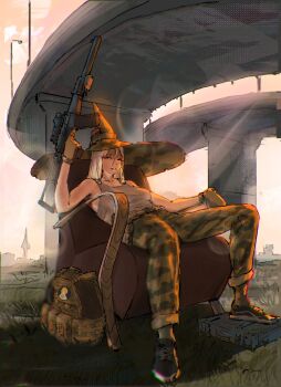 1girl ammunition_belt armchair as_val assault_rifle bulletproof_vest camouflage camouflage_pants chair cityscape elevated_highway gloves gun hat highres highway kalashnikov_rifle original pants rifle ruins scope shoes sneakers solo tank_top trigger_discipline van_duck_iii weapon white_hair witch_hat