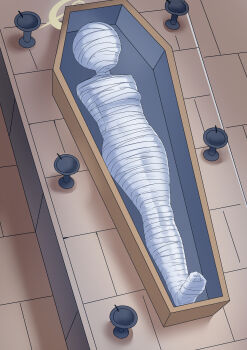 1girl absurdres arms_behind_back artist_request blindfold blue_archive bound bound_arms bound_legs candle check_artist coffin commentary_request gagged halo highres lying mummification_(bound) mummy night on_back professor_niyaniya_(blue_archive) solo t_zhonglang variant_set yellow_halo