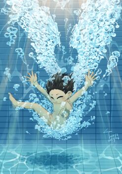 1boy 2022 absurdres barefoot black_hair erection highres male_focus nude original penis pool shota solo swimming testicles toxyz uncensored underwater