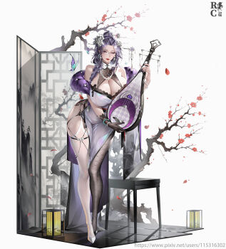 1girl absurdres asymmetrical_footwear asymmetrical_legwear bare_shoulders black_gloves black_shoes breasts bug butterfly cleavage commentary_request dress feather_boa fishnet_pantyhose fishnets flower full_body glasses gloves hair_flower hair_ornament highres holding holding_instrument huge_breasts insect instrument instrument_request jewelry leaning_forward looking_at_viewer mature_female mismatched_footwear mismatched_legwear necklace original pantyhose pearl_necklace pelvic_curtain purple_eyes purple_hair red_flower red_lips rimless_eyewear rong767361929 shiny_skin shoes single_glove single_thighhigh sleeveless sleeveless_dress solo thighhighs white_flower white_pantyhose white_shoes