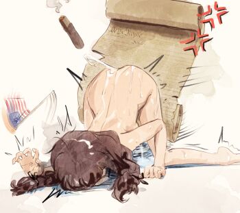 1girl all_fours american_flag anger_vein ass braid brown_hair butterchalk cigar commentary completely_nude cum doggystyle english_commentary highres nude original realda_(vibrantrida) sex sex_from_behind simple_background top-down_bottom-up trembling twin_braids what white_background