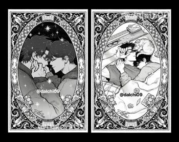 2boys bed bedroom book bookshelf border cat closed_eyes commentary curled_up curtains dalchi09 english_commentary falling_leaves flower forehead-to-forehead from_above glasses greyscale hand_on_another's_face hand_up heads_together indoors kim_dokja leaf male_focus monochrome multiple_boys multiple_views omniscient_reader's_viewpoint open_book open_window ornate_border plant potted_plant shirt short_hair sky sleeping sleeping_on_person star_(sky) star_(symbol) star_print starry_sky sunflower t-shirt toned toned_male under_covers uriel_(omniscient_reader's_viewpoint) wind window window_light yoo_joonghyuk