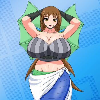 absurdres age_progression alternate_hairstyle arm_wrap armor artist_request belt breasts brown_hair cleavage cloak curvy digimon digimon_ghost_game fangs fins highres huge_breasts long_arms long_hair metal_bra mutant navel scales sexually_suggestive shoulder_armor snake_tail sparkling_eyes tail udagawa_aoi white_cloak wrapped yeezusdraw yellow_eyes