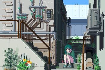 1girl animated animated_gif blinking building can cellphone circuit_breaker drink_can grass green_eyes green_hair green_shirt iemon_(iweymon) industrial_pipe looking_at_phone looping_animation original outdoors phone pixel_art plant potted_plant railing scenery shirt shoes short_shorts shorts sitting smartphone solo stairs