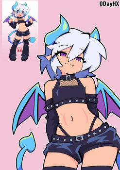 0dayhx boots collar crop_top crossdressing demon demon_boy demon_horns demon_tail demon_wings detached_sleeves fang femboy horns pointy_ears purple_eyes shota sulfur tail thigh_boots thong trap white_hair wings