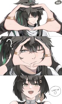 1boy 1girl absurdres ayj_(ayoungart) bare_shoulders black_dress black_gloves black_hair breast_cutout breasts closed_mouth colored_inner_hair cross-laced_clothes cross-laced_dress cross-laced_top dress earrings female_rover_(wuthering_waves) gloves hair_ornament hair_ribbon hair_vines hairclip highres jewelry looking_at_viewer low_ponytail multicolored_hair parallel_hairclips partially_fingerless_gloves ponytail qiuyuan_(wuthering_waves) ribbon rover_(wuthering_waves) smile white_hair wuthering_waves yellow_eyes yellow_ribbon