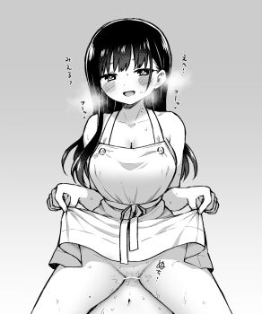 1boy 1girl apron apron_lift blush boku_no_kokoro_no_yabai_yatsu breasts breath cleavage clothes_lift collarbone grey_background greyscale hetero highres large_breasts long_hair looking_at_viewer monochrome naked_apron navel open_mouth sex smile solo_focus sound_effects straddling sweat yamada_anna zeroasann