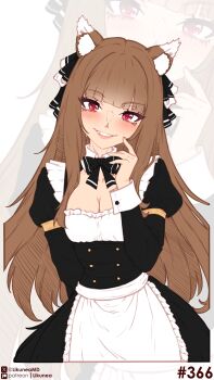 1girl absurdres alternate_costume animal_ear_fluff animal_ears black_ribbon blunt_bangs blush breasts brown_hair cleavage clenched_teeth commentary english_commentary fang grin hair_ribbon highres holo likunea long_hair long_sleeves looking_at_viewer maid medium_breasts patreon_logo patreon_username ribbon smile spice_and_wolf teeth twitter_username twitter_x_logo white_background wolf_ears wolf_girl zoom_layer