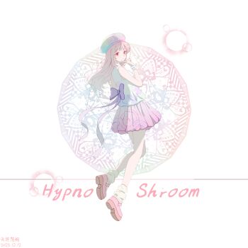 1girl 2025 absurdres ankle_socks back_bow bare_arms bare_legs bare_shoulders beret bow breasts bubble character_name chinese_commentary commentary_request dated fenghongshenqiushi finger_to_own_chin from_behind full_body genderswap genderswap_(mtf) hand_up hat highres hypno-shroom_(plants_vs._zombies) index_finger_raised knees_together_feet_apart long_hair looking_at_viewer looking_back loose_socks miniskirt parted_lips personification pink_eyes pink_hair pink_hat pink_shoes pink_skirt plants_vs._zombies platform_shoes pleated_skirt purple_bow scrunchie shirt shoes sidelocks simple_background skirt sleeveless sleeveless_shirt small_breasts socks solo standing standing_on_one_leg straight_hair white_background white_scrunchie white_shirt white_socks wrist_scrunchie