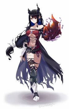 Rule 34 | absurdres, asymmetrical horns, bare shoulders, black coat, black hair, black horns, black shorts, blue hair, breasts, cleavage, coat, collarbone, cosplay, grey background, highres, hololive, hololive english, horns, large breasts, long hair, multicolored hair, navel, nerissa ravencroft, purple eyes, pyrokuro, short shorts, shorts, simple background, tales of (series), tales of berseria, torn clothes, two-tone hair, underboob, uneven horns, velvet crowe, velvet crowe (cosplay), virtual youtuber