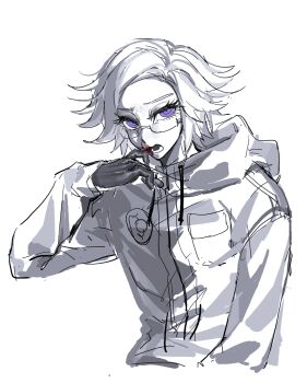 1boy aotsuki_eito blood blood_on_face chinese_commentary commentary_request cropped_torso drawstring eyelashes glasses gloves greyscale guchuan_ji hand_up highres hood hood_down hooded_jacket jacket long_sleeves lower_teeth_only male_focus monochrome open_mouth pocket purple_eyes rectangular_eyewear semi-rimless_eyewear short_hair simple_background sketch solo spot_color teeth the_hundred_line_-last_defense_academy- white_background