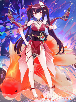 1girl absurdres bare_legs bare_shoulders barefoot bell black_choker black_sash choker commentary_request criss-cross_halter daitaku_helios detached_sleeves dress fish fox_mask full_body goldfish halterneck hand_on_own_hip highres honkai:_star_rail honkai_(series) long_hair looking_at_viewer mask mask_on_head obi red_dress sash smile solo sparkle_(honkai:_star_rail) standing twintails very_long_hair
