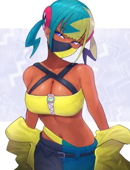 1girl absurdres aqua_hair armpit_crease bandeau bare_shoulders black_mask black_pants blonde_hair blue_eyes blue_pants breasts canari_(pokemon) center-flap_bangs cleavage criss-cross_halter criss-cross_straps crop_top cropped_jacket halterneck highres jacket large_breasts looking_at_viewer mask mega_ring mega_stone midriff mouth_mask multicolored_hair navel nintendo pants pokemon pokemon_legends:_z-a short_twintails solo split-color_hair stomach twintails two-tone_hair two-tone_mask two-tone_pants yellow_bandeau yellow_jacket yellow_mask yodokogon