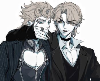 2boys aged_down bishounen blonde_hair blue_eyes braid choker dio_brando ear_birthmark father_and_son giorno_giovanna highres jojo_no_kimyou_na_bouken ladybug_ornament mingqi67342 multiple_boys phantom_blood red_eyes smile vento_aureo