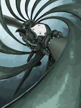 Rule 34 | 1boy, aculeatus, beads, black eyes, black skin, colored skin, commentary request, hair bun, highres, houseki no kuni, licking lips, looking at viewer, looking up, monster boy, solo, spot color, tahiroka husk, tentacle hair, tentacles, tongue, tongue out