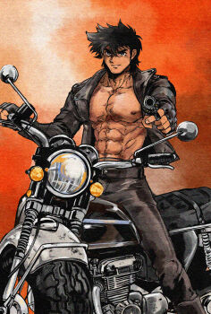 1boy abs bara black_hair gun gz_nag holding holding_gun holding_weapon jacket leather leather_jacket male_focus motor_vehicle motorcycle muscular muscular_male open_clothes open_jacket orange_background original pants sitting_on_motorcycle solo weapon