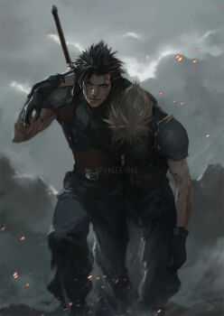 Rule 34 | 2boys, arm around shoulder, armor, baggy pants, battle damage, belt, belt buckle, black gloves, black hair, blonde hair, blood, blood on arm, blood on face, bruise, bruise on face, buckle, buster sword, carrying, carrying person, cloud, cloud strife, cloudy sky, commentary, embers, english commentary, feet out of frame, final fantasy, final fantasy vii, final fantasy vii remake, gloves, grey sky, highres, injury, male focus, multiple belts, multiple boys, outdoors, pants, short hair, shoulder armor, sky, sleeveless, sleeveless turtleneck, spiked hair, spykeee, straight-on, suspenders, sweater, sword, sword on back, turtleneck, turtleneck sweater, walking, weapon, weapon on back, zack fair