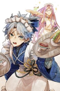 1boy 1girl apron blue_bow blue_kimono bow crossdressing crossdressing_(mtf) cup earrings facial_mark fate/grand_order fate_(series) food forehead forehead_mark frilled_apron frills glasses green_eyes hair_bow highres holding holding_tray japanese_clothes jewelry kimono long_hair maid male_maid medusa_(fate) medusa_(rider)_(fate) melon_soda natori_re parted_bangs prosthesis prosthetic_arm purple_eyes purple_hair sandwich scar scar_on_face scar_on_forehead single_earring sweat tasuki teacup toudou_heisuke_(fate) tray very_long_hair wa_maid white_apron white_background white_hair