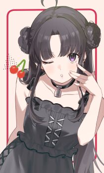1girl absurdres ahoge awa_subaru black_choker black_dress black_hair cherry choker commentary double_bun dress food fruit girls_band_cry hair_bun hand_up highres kuji_(orca9ji) long_hair looking_at_viewer one_eye_closed open_mouth parted_bangs purple_eyes sidelocks solo