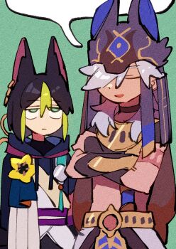 2boys animal_ears badge belt black_choker black_hair black_helmet brooch choker closed_eyes cowboy_shot cyno_(genshin_impact) dark-skinned_female dark_skin ear_piercing flower fox_ears genshin_impact gold_trim green_background helmet highres jewelry male_focus multicolored_hair multiple_boys necklace nploser open_mouth piercing purple_sash sash simple_background smile streaked_hair tassel tighnari_(genshin_impact) tunic vambraces white_tunic yellow_flower