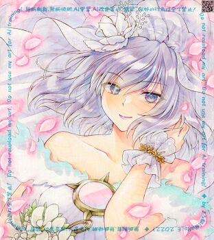 Rule 34 | 1girl, alternate costume, alternate eye color, alternate hair color, alto2019, breasts, bridal veil, closed mouth, collarbone, commentary request, dress, falling petals, flower, flower request, gradient hair, hair flower, hair ornament, highres, holding, holding flower, lipstick, looking at viewer, makeup, marker (medium), medium hair, mirror, multicolored hair, petals, pink petals, purple eyes, qr code, smile, solo, strapless, strapless dress, touhou, touhou lostword, traditional media, veil, watermark, wedding dress, white dress, white flower, white hair, white veil, wrist cuffs, yasaka kanako