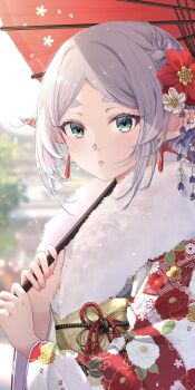 1girl blurry blurry_background braid commentary_request earrings elf floral_print floral_print_kimono flower frieren fur-trimmed_kimono fur_trim green_eyes grey_hair hair_flower hair_ornament highres holding holding_umbrella japanese_clothes jewelry kimono light_blush looking_at_viewer obi oil-paper_umbrella omichi_1219 outdoors parted_bangs parted_lips pointy_ears print_kimono red_kimono sash side_braid solo sousou_no_frieren thick_eyebrows umbrella upper_body