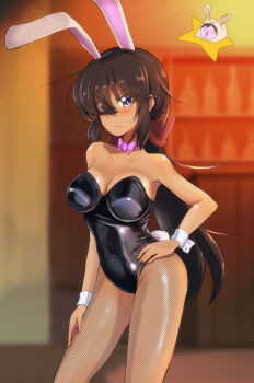 1girl absurdres animal_ears artist_self-insert bar_(place) black_hair black_leotard black_pantyhose blue_eyes blurry blurry_background blush bow bowtie breasts cleavage_cutout clothing_cutout commentary covered_navel dark-skinned_female dark_skin fake_animal_ears fake_tail fishnet_pantyhose fishnets frown girls_und_panzer hair_bow hair_over_one_eye hand_on_own_hip hand_on_own_thigh highres indoors jinguu_(4839ms) large_breasts leotard long_hair looking_at_viewer ogin_(girls_und_panzer) pantyhose pink_bow pink_bowtie playboy_bunny ponytail rabbit rabbit_ears rabbit_tail red_bow red_bowtie solo standing star_(symbol) strapless strapless_leotard sweatdrop tail wrist_cuffs
