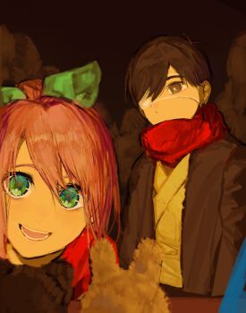 Rule 34 | 1boy, 1girl, antenna hair, aubrey (faraway) (omori), aubrey (omori), black hair, blue headband, brown gloves, chinese commentary, commentary request, eyepatch, gloves, green eyes, grey eyes, headband, highres, jacket, looking at viewer, medical eyepatch, omori, open mouth, pink hair, red scarf, scarf, short hair, signature, smile, sunny (omori), v, yihanmomo