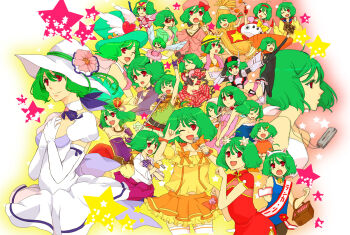 &gt;_&lt; 1girl :d :o ;d aged_down ahoge animal_ears arm_up armpits bare_shoulders bell bikini bikini_top_only bodysuit bow breasts cat_ears choker cleavage closed_eyes collar cosplay dress elbow_gloves fake_animal_ears fang female_focus gloves green_hair hair_ornament hairband hand_on_own_chest hands_on_own_chest hard_hat hat helmet highres jewelry leotard looking_at_viewer m/ macross macross_frontier macross_frontier:_itsuwari_no_utahime macross_frontier:_sayonara_no_tsubasa mecha_musume mechi microphone midriff multiple_persona multiple_views music neck_bell necklace one_eye_closed oosanshouuo-san open_mouth own_hands_together ranka_lee red_eyes salute scarf school_uniform scrunchie seikan_hikou short_hair short_shorts shorts singing sleeveless sleeveless_dress small_breasts smile standing strapless strapless_dress sun_hat sunglasses swimsuit thighhighs top_hat vf-25 vf-25_(cosplay) white_gloves x_x