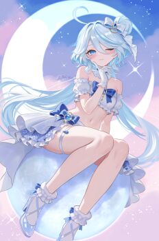 1girl absurdres alternate_costume blue_eyes blue_hair blush breasts commentary_request eyelash_ornament furina_(genshin_impact) genshin_impact gloves grey_hair high_heels highres long_hair looking_at_viewer navel one_eye_closed riku_(rrr_gns) shoes skirt small_breasts socks solo stomach strapless tube_top vision_(genshin_impact) wavy_hair white_gloves white_shoes white_skirt white_socks white_tube_top