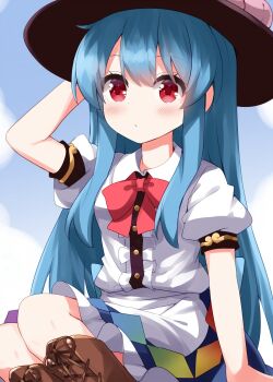 1girl apron arm_up black_hat blue_background blue_hair blue_skirt blush boots bow bowtie brown_boots buttons center_frills closed_mouth collared_shirt commentary_request feet_out_of_frame frills hat highres hinanawi_tenshi lace-up_boots long_hair peach_hat_ornament red_bow red_bowtie red_eyes ruu_(tksymkw) shirt short_sleeves sitting skirt solo touhou waist_apron white_apron white_shirt