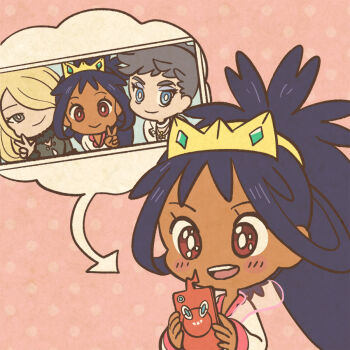 3girls :&gt; black_eyes blonde_hair blue_eyes blush blush_stickers brown_eyes cellphone chibi closed_mouth commentary_request cynthia_(pokemon) dark-skinned_female dark_skin diantha_(pokemon) eyelashes eyeshadow gem gen_4_pokemon gold_tiara green_gemstone grey_hair hair_over_one_eye holding holding_phone iris_(pokemon) long_hair long_sleeves makeup mojacookie multiple_girls nintendo official_alternate_costume official_alternate_hairstyle official_art open_mouth phone photo_(object) pokemon pokemon_(anime) pokemon_(creature) pokemon_journeys polka_dot polka_dot_background purple_hair rotom rotom_phone second-party_source selfie short_hair smartphone smile solo_focus sparkling_eyes teeth upper_body upper_teeth_only v