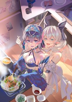 2girls absurdres blue_dress breasts cleavage commentary_request cooking demon_girl demon_horns demon_wings dress drill_hair duel_monster from_above frying_pan grey_dress grey_hair highres horns indoors kitchen kitkallos_(yu-gi-oh!) large_breasts lovely_labrynth_of_the_silver_castle multiple_girls open_mouth pointy_ears rare_lemon strapless strapless_dress tearlaments_kitkallos tongue tongue_out transparent_wings twin_drills white_wings wings wooden_floor yu-gi-oh! yuri