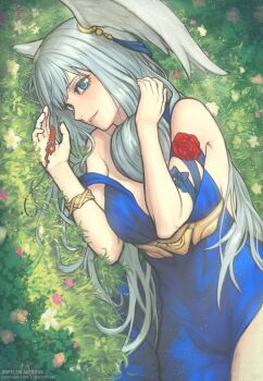 1girl alternate_costume artist_name bare_shoulders blue_dress blue_eyes commentary dress feathered_wings formal_clothes gofelem grass head_wings long_hair looking_at_viewer lying melia_antiqua monado sleeveless sleeveless_dress solo white_wings wings xenoblade_chronicles_(series) xenoblade_chronicles_1