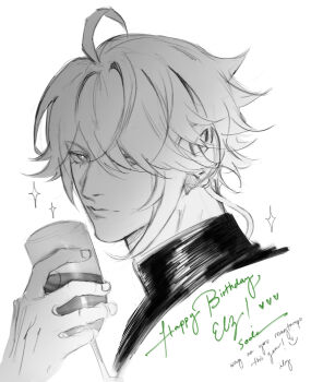 Rule 34 | 1boy, ahoge, alhaitham (genshin impact), commentary, cropped head, cup, drinking glass, english text, genshin impact, gift art, greyscale, happy birthday, male focus, monochrome, ndsoda, short hair, signature, simple background, solo, sparkle, symbol-only commentary, white background, wine glass