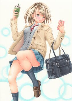 1girl absurdres bag black_socks blue_skirt brown_hair brown_jacket brown_shoes cardigan cellphone closed_mouth collared_shirt commentary_request convenient_leg cup diagonal-striped_clothes diagonal-striped_necktie disposable_cup foot_out_of_frame grey_cardigan grey_eyes hands_up highres holding holding_cup holding_phone jacket loafers long_sleeves looking_at_viewer marker_(medium) midori_(mira567) miniskirt necktie open_clothes open_jacket original phone pleated_skirt red_necktie school_bag school_uniform shirt shoes short_hair skirt smartphone smile socks solo striped_clothes traditional_media white_shirt wing_collar