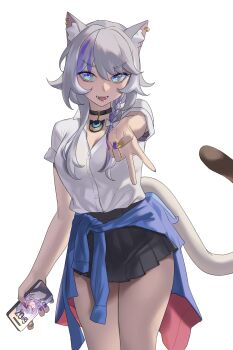 Rule 34 | 1girl, absurdres, animal ears, aragiken, black choker, black skirt, blue eyes, blue sweater, breasts, castorice (honkai: star rail), cat ears, cat girl, cat tail, center opening, choker, cipher (honkai: star rail), clothes around waist, commentary, fangs, grey hair, highres, holding, holding phone, honkai: star rail, honkai (series), inward v, large breasts, looking at viewer, miniskirt, open mouth, phone, pleated skirt, school uniform, shirt, short hair with long locks, simple background, skirt, solo, sweater, sweater around waist, tail, thighs, v, white background, white shirt