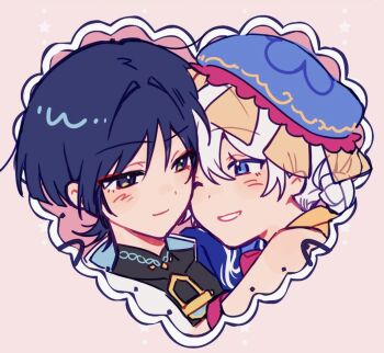 1boy 1girl black_bodysuit black_hair blue_cape blue_eyes blue_hat blunt_ends blush bodysuit cape closed_mouth couple covered_collarbone cropped_torso eyeliner eyeshadow genshin_impact gold_trim hair_bun hair_intakes hat heads_together heart_frame hetero highres looking_at_another makeup mandarin_collar mob_cap oc_x_canon one_eye_closed open_mouth original pink_background red_eyeliner red_eyeshadow scaramouche_(genshin_impact) short_hair single_hair_bun smile tsurime wanderer_(genshin_impact) white_hair white_mouth white_trim wispy_bangs yunhhj