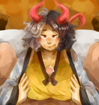 1boy 1girl black_hair breasts cum ejaculation_between_breasts grey_hair half-closed_eyes hetero horns huge_breasts interspecies large_breasts licking_lips monster monster_girl nude painting paizuri paizuri_under_clothes penis pov tail tongue tongue_out touhou ushizaki_urumi
