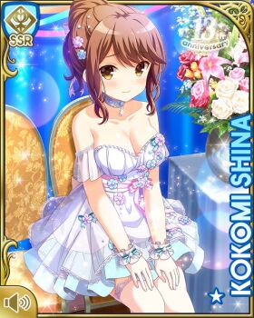 1girl alternate_hairstyle anniversary bare_shoulders blue_background bracelet breasts brown_eyes brown_hair card_(medium) character_name cleavage dress female_focus girlfriend_(kari) hair_bun indoors jewelry necklace night official_art qp:flapper shiina_kokomi short_hair smile solo white_dress