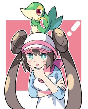 ! 1girl :d blush border breasts bright_pupils brown_hair commentary_request donut_hair_bun double_bun eyelashes gen_5_pokemon green_eyes hair_bun hand_on_own_chin highres long_hair nintendo on_head open_mouth outline pink_background pokemon pokemon_(creature) pokemon_bw2 pokemon_on_head raglan_sleeves rosa_(pokemon) shirt small_breasts smile snivy sparkle stchame stroking_own_chin three-quarter_sleeves twintails upper_body visor_cap white_border white_headwear white_pupils