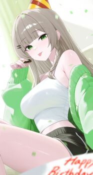 1girl absurdres armpit_crease bare_shoulders black_shorts blunt_bangs braid breasts brown_hair camisole chocolate commentary_request cream cream_on_face crop_top dolphin_shorts food food_on_face green_eyes green_jacket hair_ornament hairclip hand_up happy_birthday hat highres holding holding_chocolate holding_food jacket korean_commentary large_breasts long_hair looking_at_viewer midriff off_shoulder party_hat sei_(0724sei6) shirt short_shorts shorts sleeveless sleeveless_shirt solo thighs tongue tongue_out viichan virtual_youtuber waktaverse white_shirt